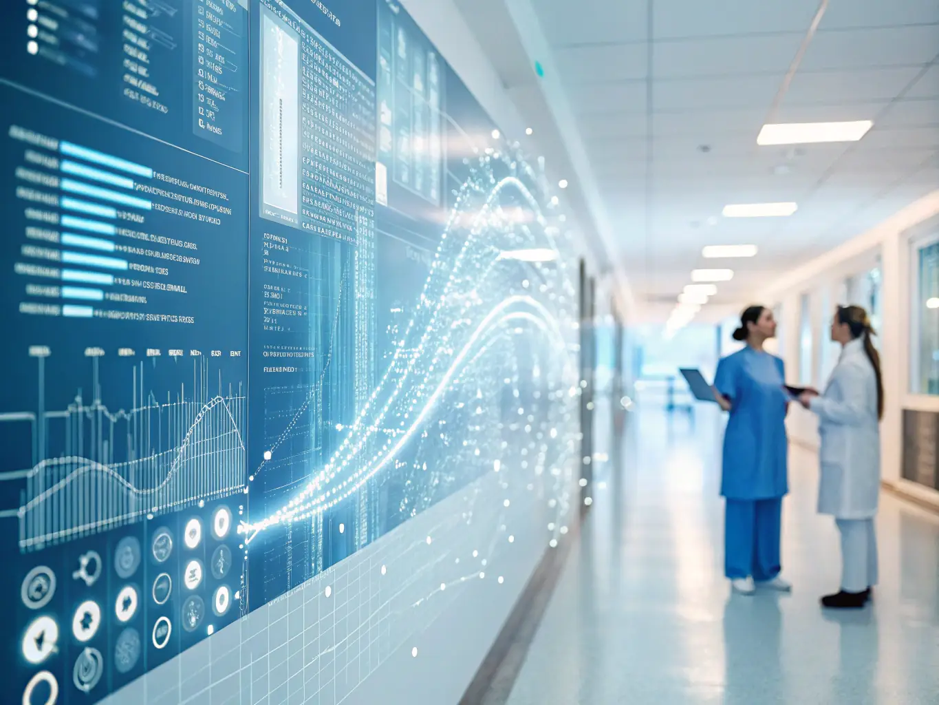 An abstract representation of data flowing through an AI algorithm, symbolizing the advanced technology behind MedCodeAI's services. The image should be visually appealing and convey innovation.