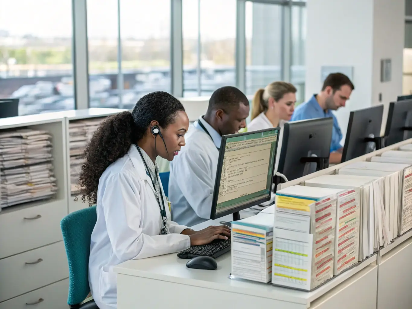 A team of billing specialists collaborating in a modern office setting, reviewing medical claims and using MedCodeAI's software to manage billing processes. The image conveys professionalism and efficiency.