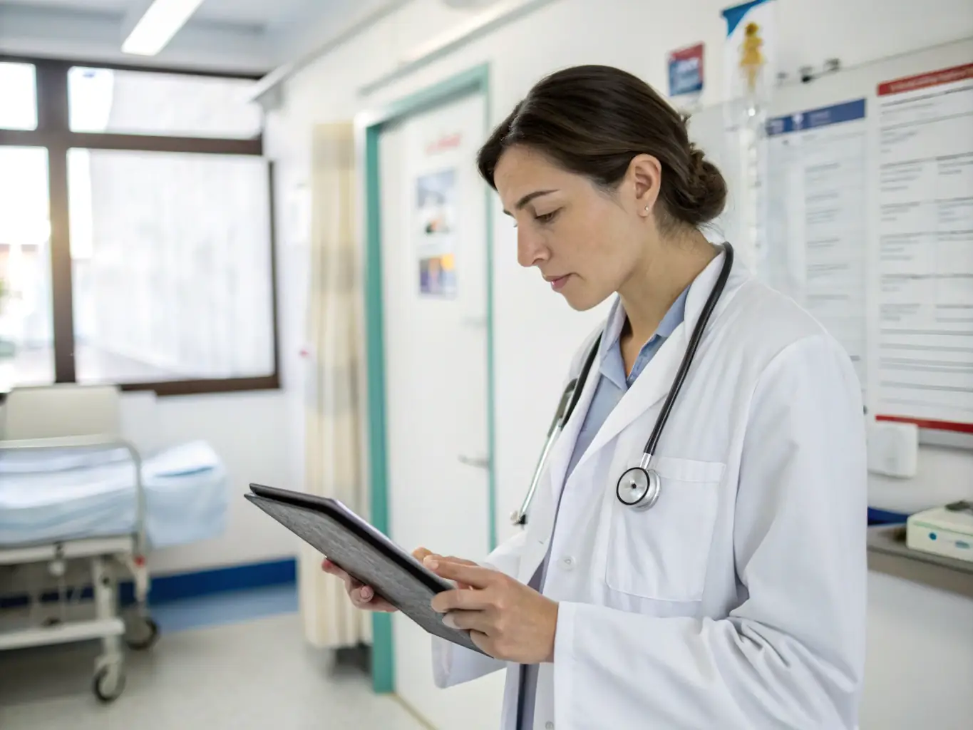 A healthcare professional using MedCodeAI's AI-driven software on a tablet, with a clean and modern interface displaying medical codes and billing information. The setting is a bright and efficient medical office.