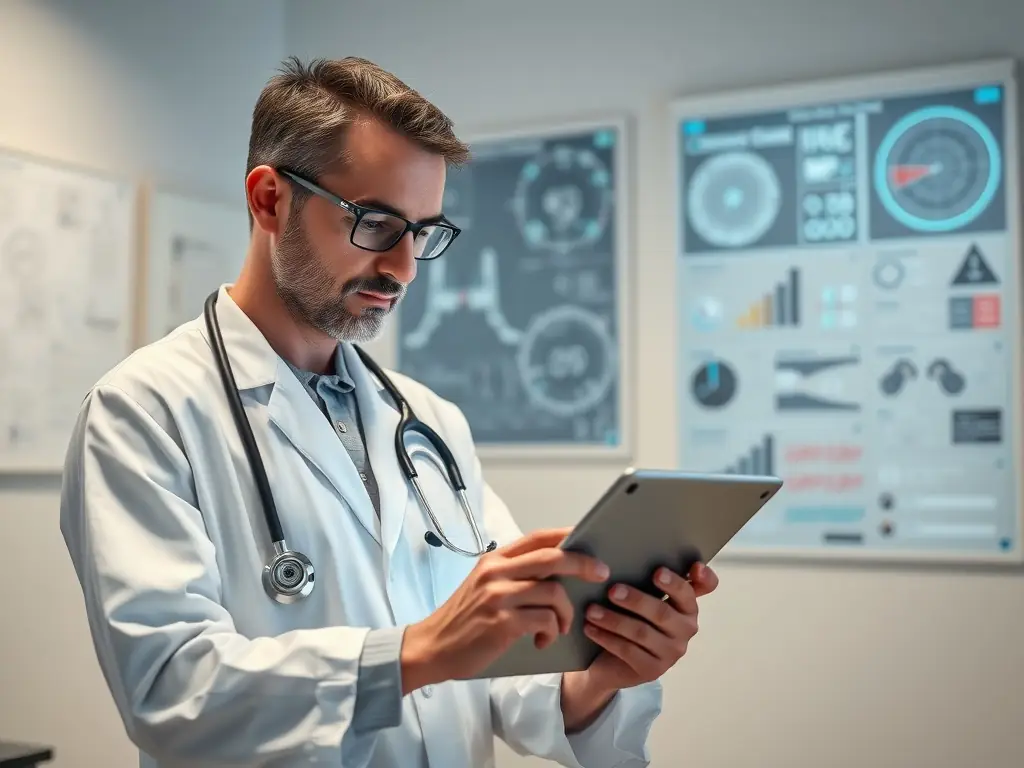 A doctor reviewing a patient's scan with AI assistance, showcasing the application of AI in radiology and diagnostics.